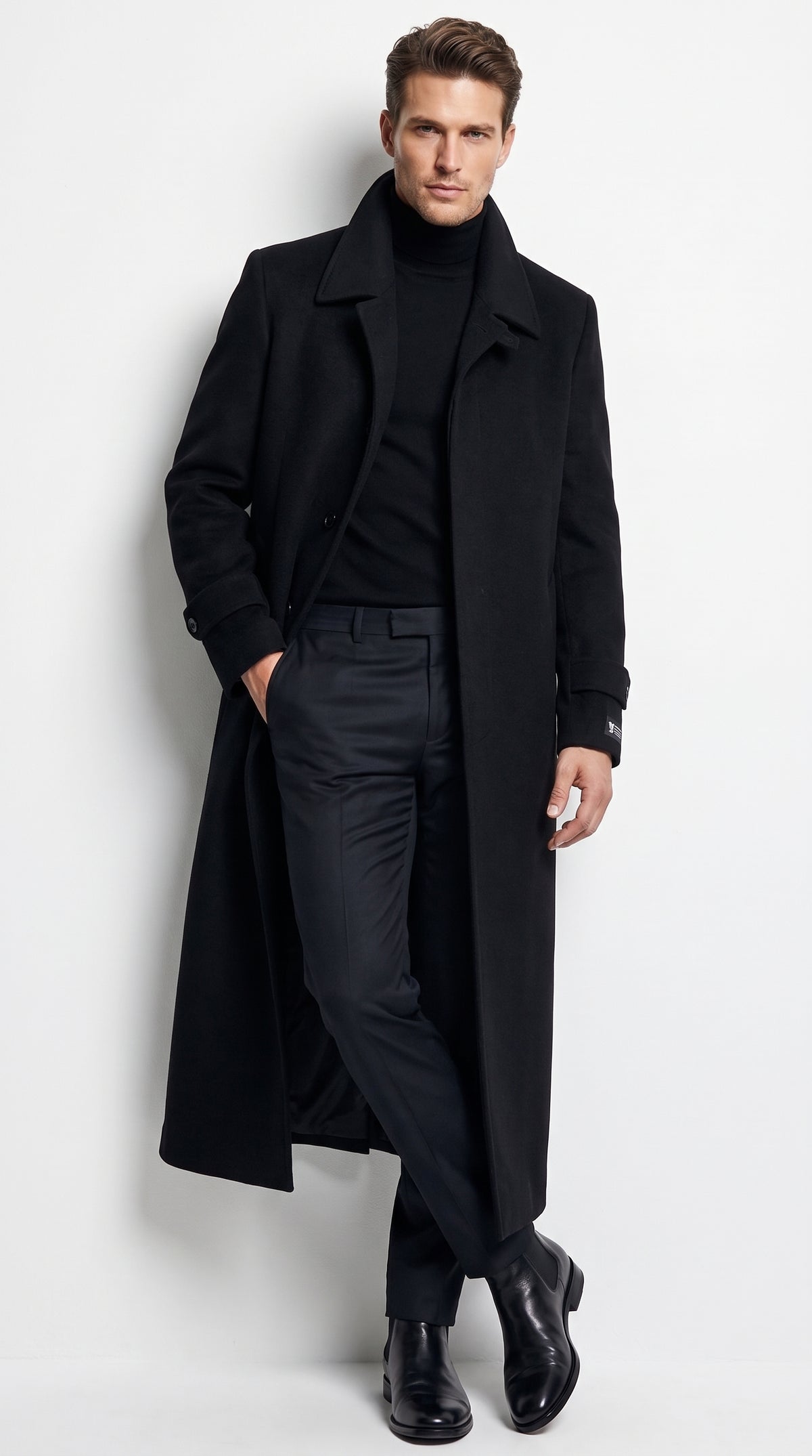 Men's Black Full-Length Duster Maxi Coat – Classic 4-Button Long Overcoat, Gothic Trench Coat & Winter Formal Outerwear