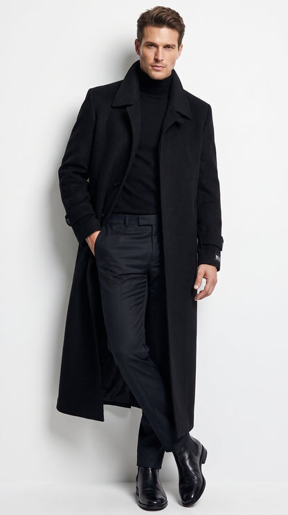 Men's Black Full-Length Duster Maxi Coat – Classic 4-Button Long Overcoat, Gothic Trench Coat & Winter Formal Outerwear