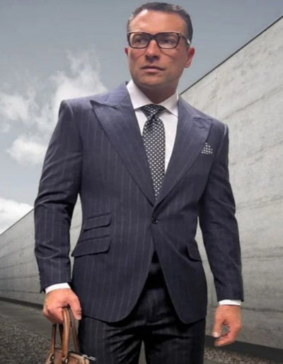 Statement Suits - Wool Suits - Peak Lapel Suits - Ticket Pocket - Modern Fit - Charcoal Stripe Suit 1   - from alligatorwarehouse.com