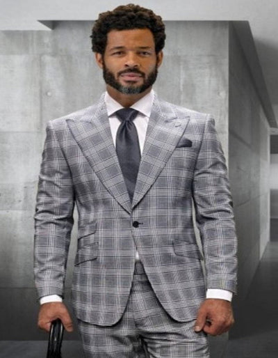 Statement Suits - Wool Suits - Peak Lapel Suits - Ticket Pocket - Modern Fit - Grey Plaid Suit 1   - from alligatorwarehouse.com
