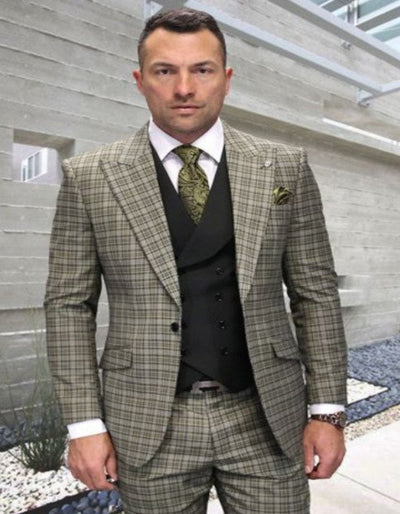 Statement Suits - Wool Suits - Peak Lapel Suits - Ticket Pocket - Modern Fit - Olive Suit 1   - from alligatorwarehouse.com