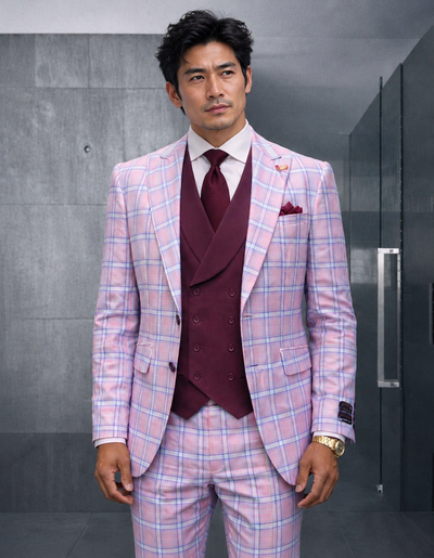 Statement Men's Wool Windowpane Suit Peak Lapel Tailored Fit Mauve Diego