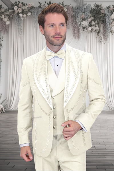 Men's Designer Wool Shawl Lapel Vested Tuxedo with Rhinestones in Ivory Off White