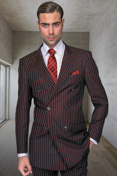 Men's Designer Double Breasted Wool Suit in Bold Black & Red Gangster Pinstripe