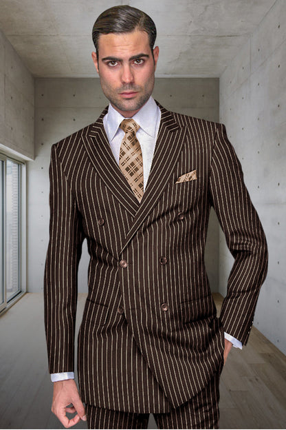 Men’s Brown Gangster Pinstripe Double Breasted Wool Suit, Designer Formal Wedding Suit By Statement