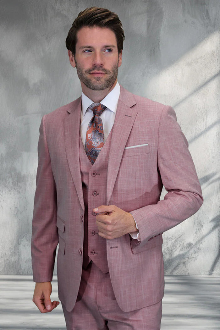 Men's Designer Two Button Vested Summer Sharkskin Wool Suit in Blush Pink