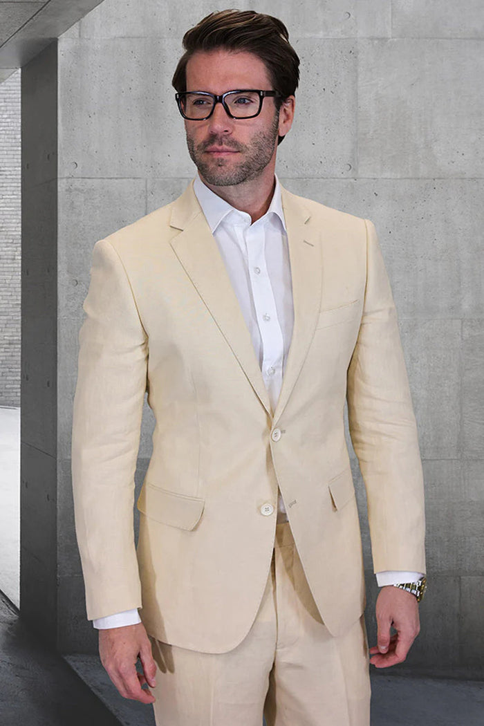 Men's Designer Two Button Summer Linen Wedding Suit in Natural Tan