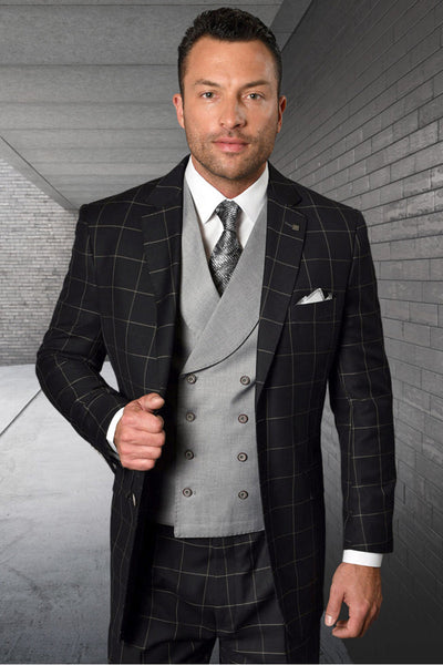 Men's Designer Two Button Vested Wool & Cashmere Suit in Black & Grey Windowpane Plaid