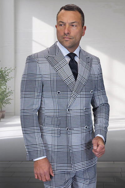 Men's Designer Wool Double Breasted Suit in Natural Grey Houndstooth Glen Plaid