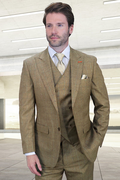 Men's Designer Vested One Button Peak Lapel Wool Suit in Tan Windowpane Plaid