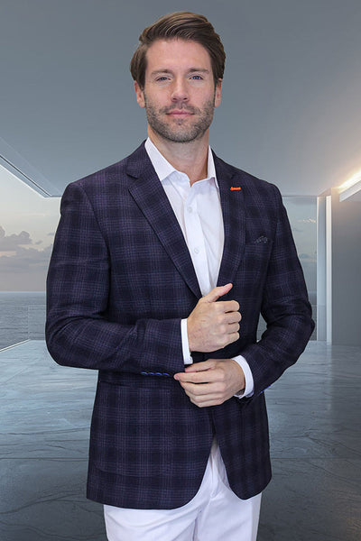 Men's Modern Fit Patch Pocket Designer Wool Summer Blazer in Black Plaid 1 Valentin-3-Black-36S  - from alligatorwarehouse.com