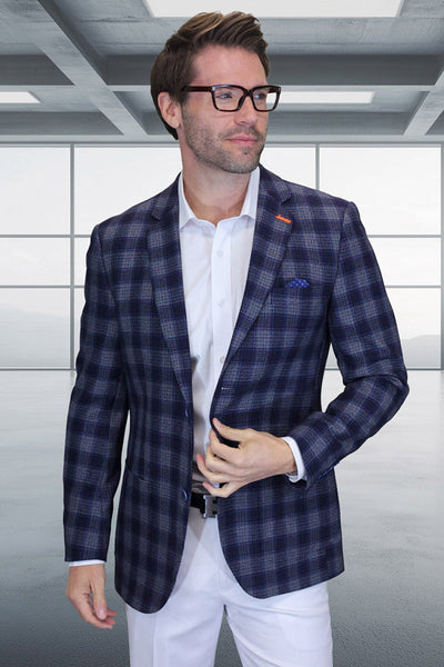 Men's Modern Fit Patch Pocket Designer Wool Summer Blazer in Grey Plaid Check 1 Valentin-3-Gray-36S  - from alligatorwarehouse.com