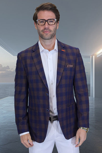 Men's Modern Fit Patch Pocket Designer Wool Summer Blazer in Navy Windowpane Plaid 1 Valentin-3-Navy-36S  - from alligatorwarehouse.com