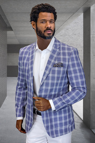 Men's Modern Fit Patch Pocket Designer Wool Summer Blazer in Blue Windowpane Plaid 1 Valentin-5-Blue-36S  - from alligatorwarehouse.com