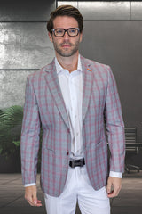 Men's Modern Fit Patch Pocket Designer Wool Summer Blazer in Grey Plaid