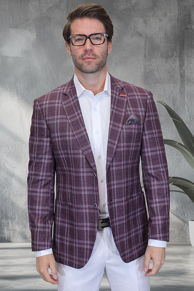 Men's Modern Fit Patch Pocket Designer Wool Summer Blazer in Burgundy Windowpane Plaid 1 Valentin-6-Burgundy-36S  - from alligatorwarehouse.com