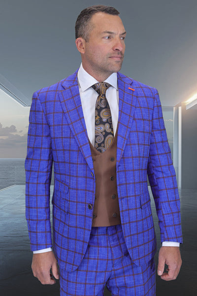 Men's Designer Two Button Wool Suit with Double Breasted Scoop Vest in Sapphire Blue Windowpane