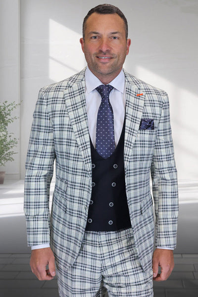 Men's Designer Two Button Wool Suit with Double Breasted Scoop Vest in Natural Grey Blue Windowpane