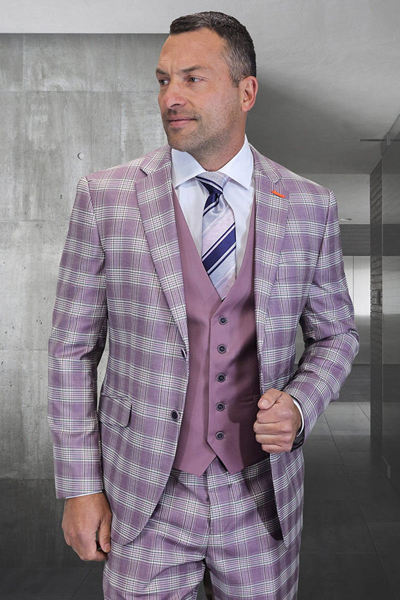 Men's Designer Modern Fit Wool Suit in Mauve Pink & Lavender Plaid with Contrasting Vest