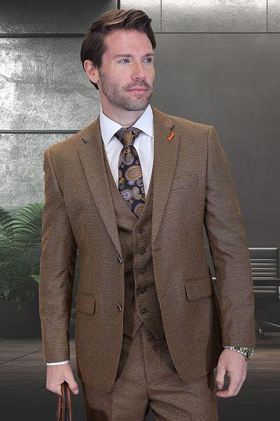 Men's Designer Vested Vintage Style Micro Plaid Wool Suit in Copper Brown