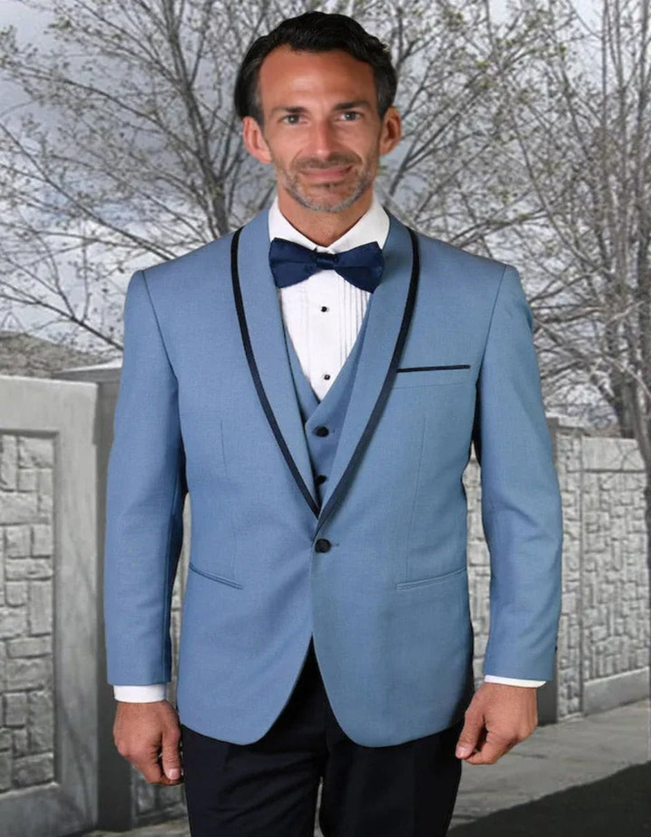 Blue Wedding Tuxedo - Men's Designer Vested Satin Trim Shawl Wedding Steel Blue Prom Tuxedo
