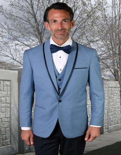 Blue Wedding Tuxedo - Men's Designer Vested Satin Trim Shawl Wedding Steel Blue Prom Tuxedo 1   - from alligatorwarehouse.com