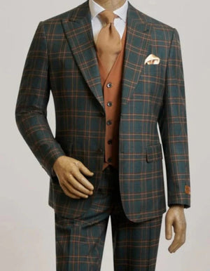 Steve Harvey Suits Brand - Mens Peak Lapel Modern Fit - No Pleated Pants Designer Brand Green 3 Piece Vested Suit