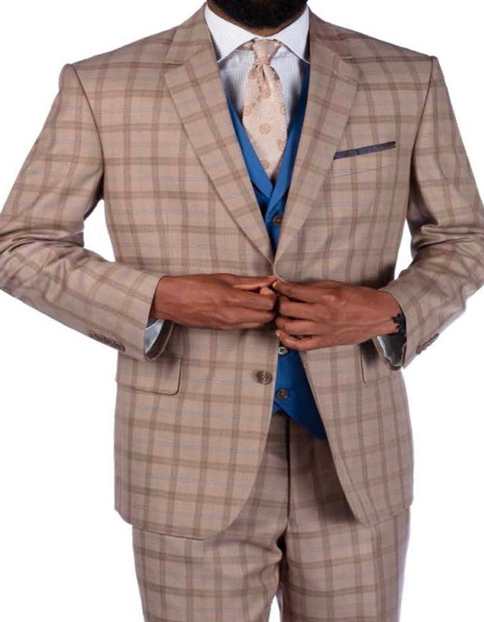 Mens 2 Button Notch Lapel Tan Plaid Suit