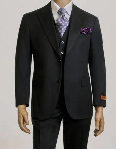 Mens Peak Lapel Modern Fit - No Pleated Pants Designer Brand Black Chest Pocket 3 Piece Vested Suit 1   - from alligatorwarehouse.com