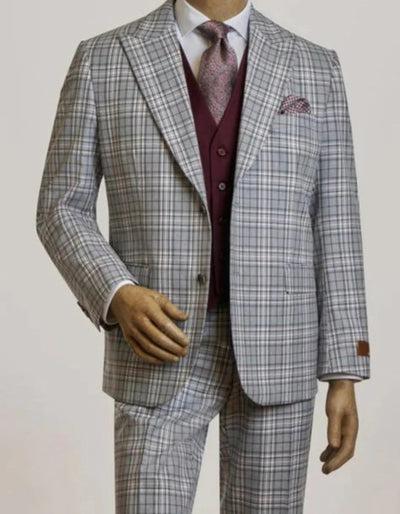 Mens Peak Lapel Modern Fit - No Pleated Pants Designer Brand Gray 3 Piece Vested Suit 1   - from alligatorwarehouse.com