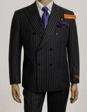 Steve Harvey Suits Brand - Mens Peak Lapel Modern Fit - No Pleated Pants Designer Brand Black Double Breasted 3 Piece Vested Suit