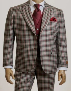 Mens Peak Lapel Modern Fit - No Pleated Pants Designer Brand Multicolor 3 Piece Vested Suit
