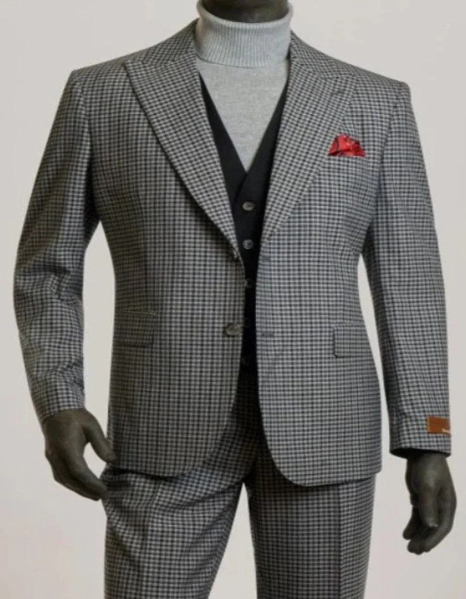 Mens Peak Lapel Modern Fit - No Pleated Pants Designer Brand Gray Single Breasted 3 Piece Vested Suit