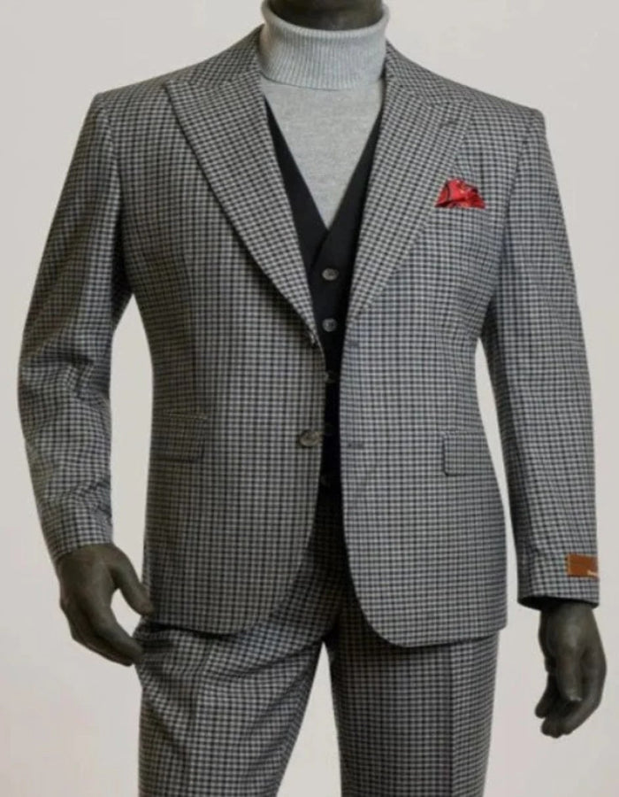 Mens Peak Lapel Modern Fit - No Pleated Pants Designer Brand Gray Single Breasted 3 Piece Vested Suit