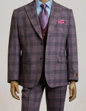 Steve Harvey Suits Brand - Mens Peak Lapel Modern Fit - No Pleated Pants Designer Brand Single Breasted Mauve 3 Piece Vested Suit