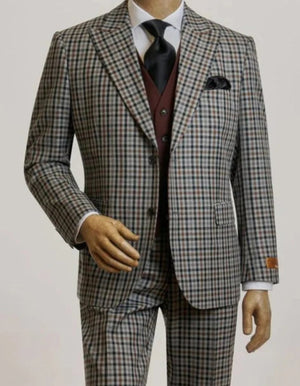 Mens Peak Lapel Modern Fit - No Pleated Pants Designer Brand Multicolor 3 Piece Single Breasted Vested Suit