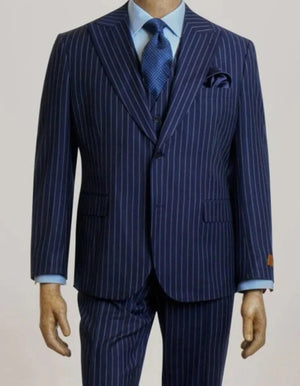 Steve Harvey Suits Brand - Mens Peak Lapel Modern Fit - No Pleated Pants Designer Brand Navy 3 Piece Vested Suit
