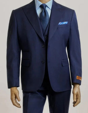 Steve Harvey Suits Brand - Mens Peak Lapel Modern Fit - No Pleated Pants Designer Brand Navy 3 Piece Vested Chest Pocket Suit
