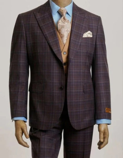 Mens Peak Lapel Modern Fit - No Pleated Pants Designer Brand Purple 3 Piece Vested Suit 1   - from alligatorwarehouse.com