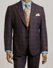 Steve Harvey Suit - Peak Lapel Modern Fit - No Pleated Pants Designer Brand Purple 3 Piece Vested Suit