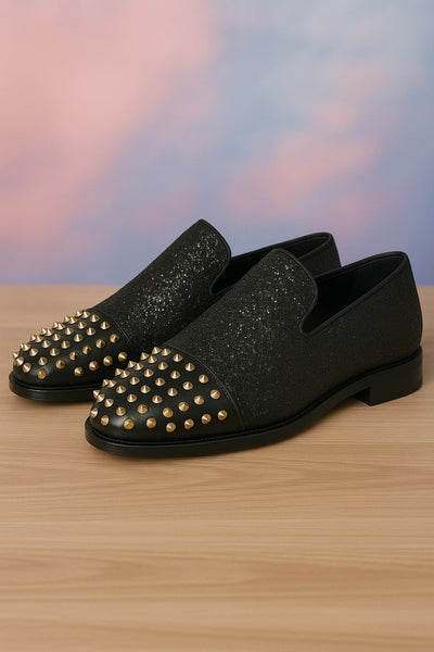 Men's Black Glitter Loafers with Spike Studded Toe – Designer Slip-On Dress Shoes for Parties and Events 4   - from alligatorwarehouse.com