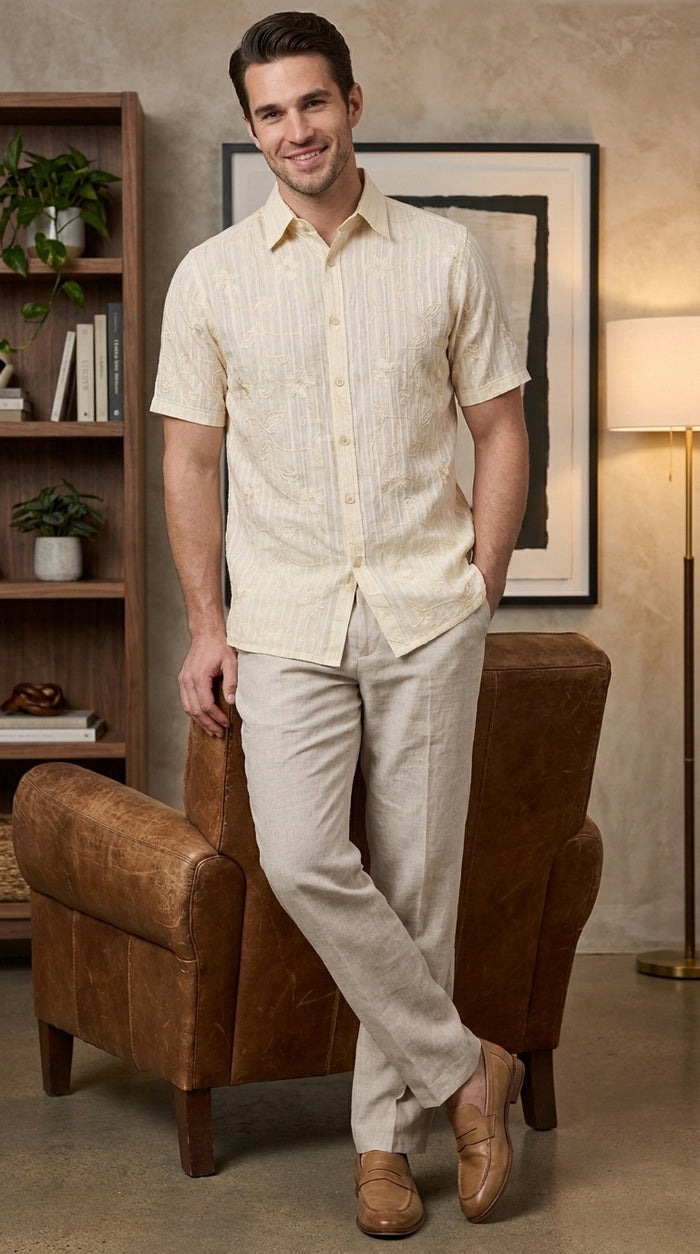 Men’s Cream Abstract Stripe Walking Suit Set, 2 Piece Short Sleeve Casual Summer Outfit