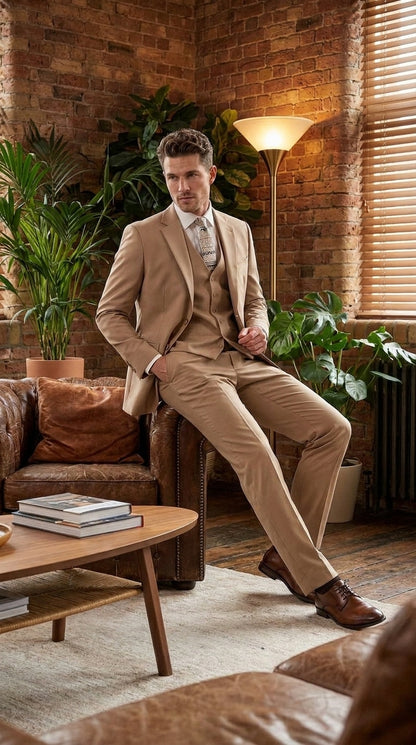 Apollo King Men’s Camel Classic Fit Vested Suit, 3 Piece Formal Wedding Business Dress Suit