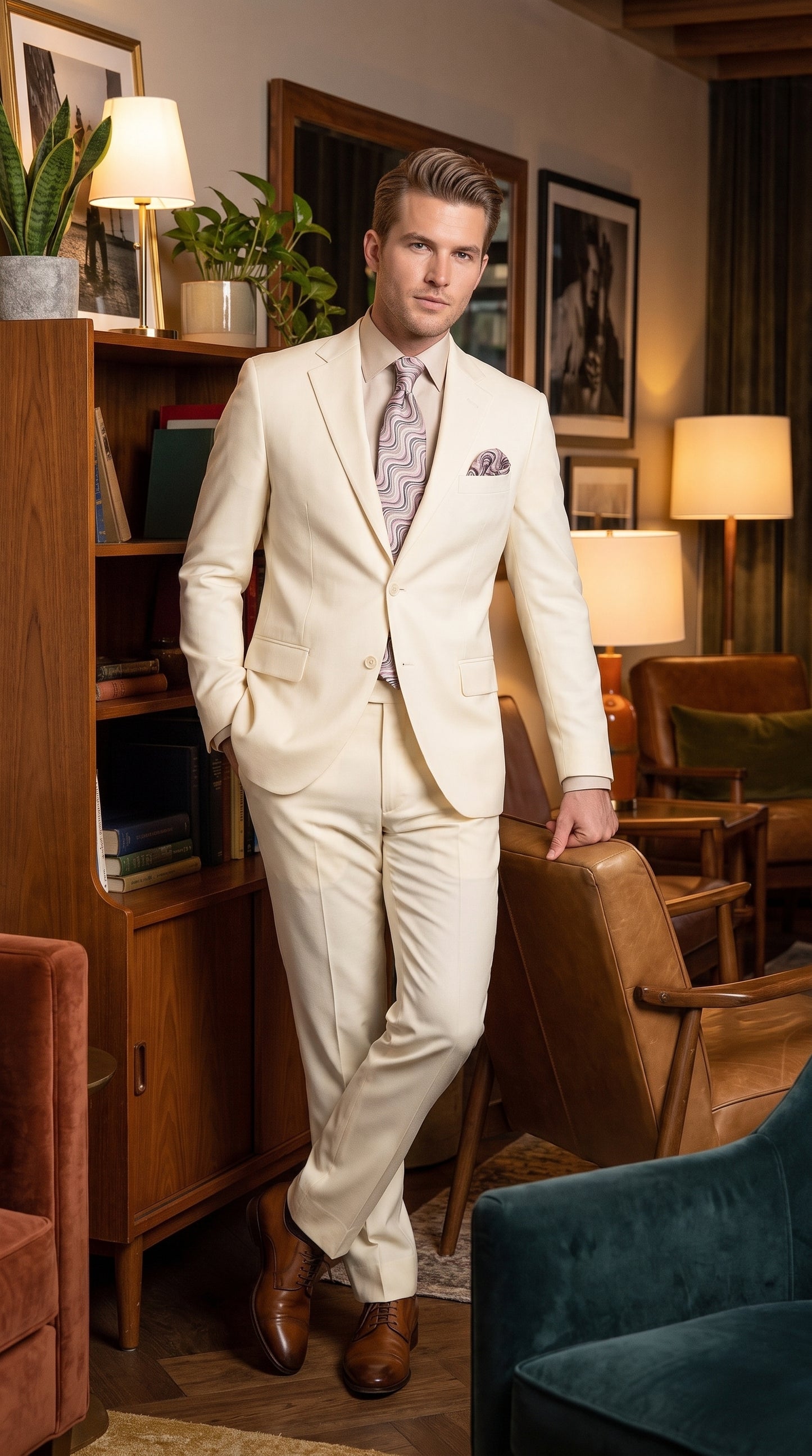 Apollo King Men’s Ivory Poplin Suit, 2 Button Modern Formal Wedding Dress Suit
