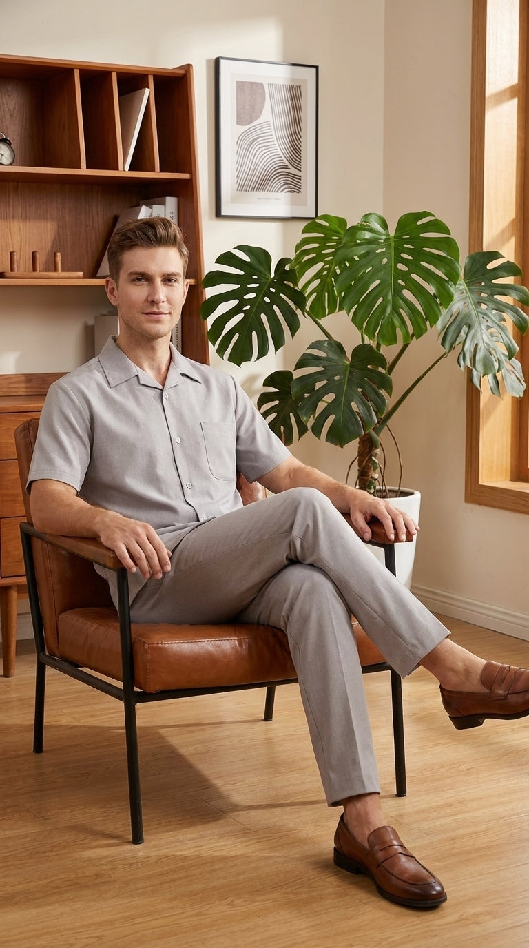 Men’s Light Grey 100% Linen Walking Suit, Short Sleeve Shirt and Pants Casual Leisure Set
