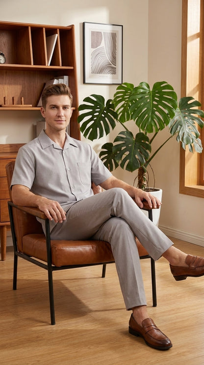 Men’s Light Grey 100% Linen Walking Suit, Short Sleeve Shirt and Pants Casual Leisure Set