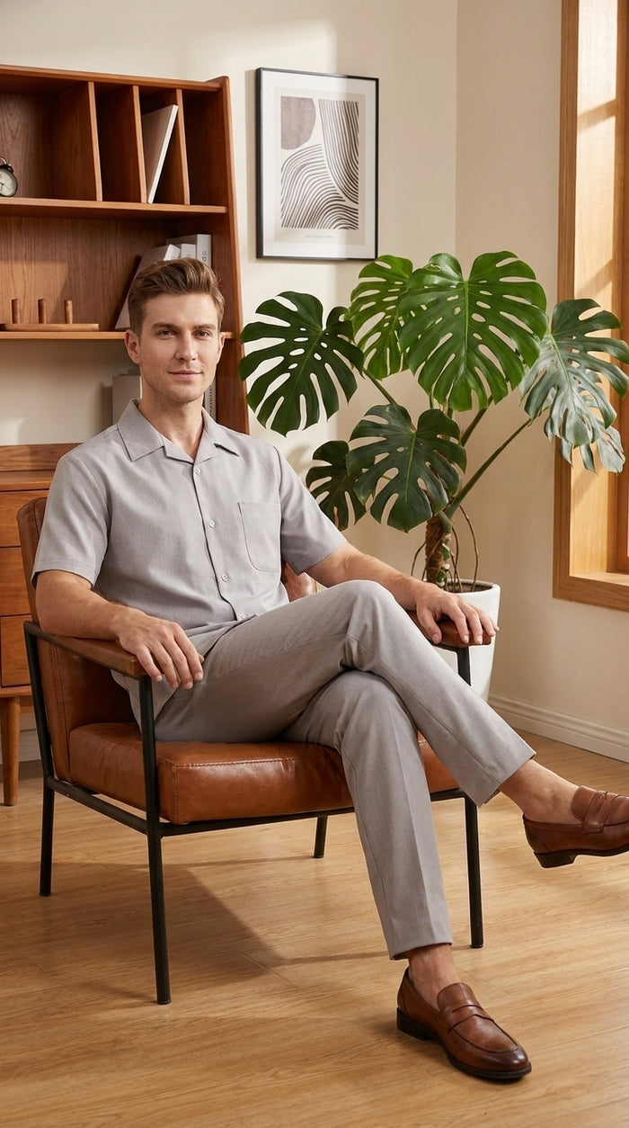 Men’s Light Grey 100% Linen Walking Suit, Short Sleeve Shirt and Pants Casual Leisure Set