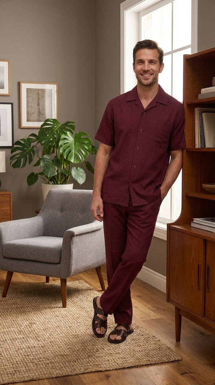 Men’s Burgundy Short Sleeve Walking Suit, Casual Summer Shirt and Pants Leisure Set