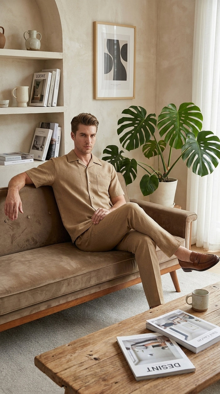 Men’s Tan Short Sleeve Walking Suit Casual Summer Leisure Set 2 Piece Shirt and Pants Outfit