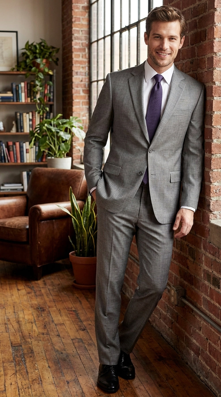 Men’s Gray Sharkskin 2-Piece Suit – Classic Fit Business, Wedding and Formal Suit